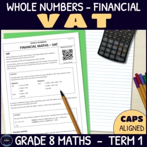 VAT in financial maths worksheets for grade 8 term 1 whole numbers