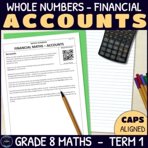 Accounts in financial maths worksheets for grade 8 term 1 whole numbers