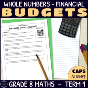 Budgets in financial maths worksheets for grade 8 term 1 whole numbers