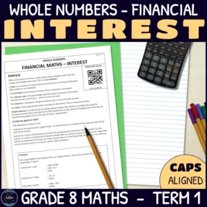 Interest in financial maths worksheets for grade 8 term 1 whole numbers