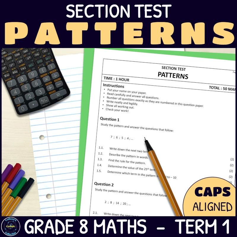 Patterns section test for grade 8 term 1