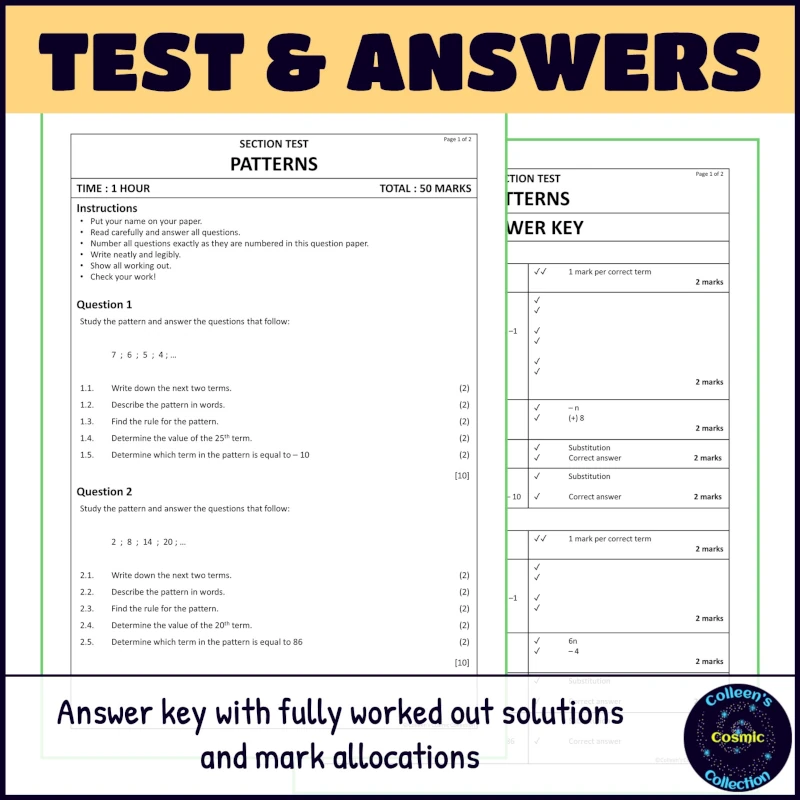 Patterns section test for grade 8 term 1 test and answer key