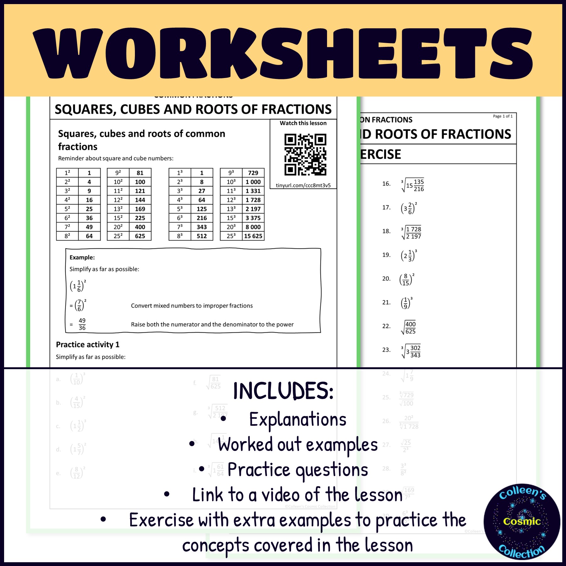 Squares, Cubes and Roots of Common Fractions worksheets
