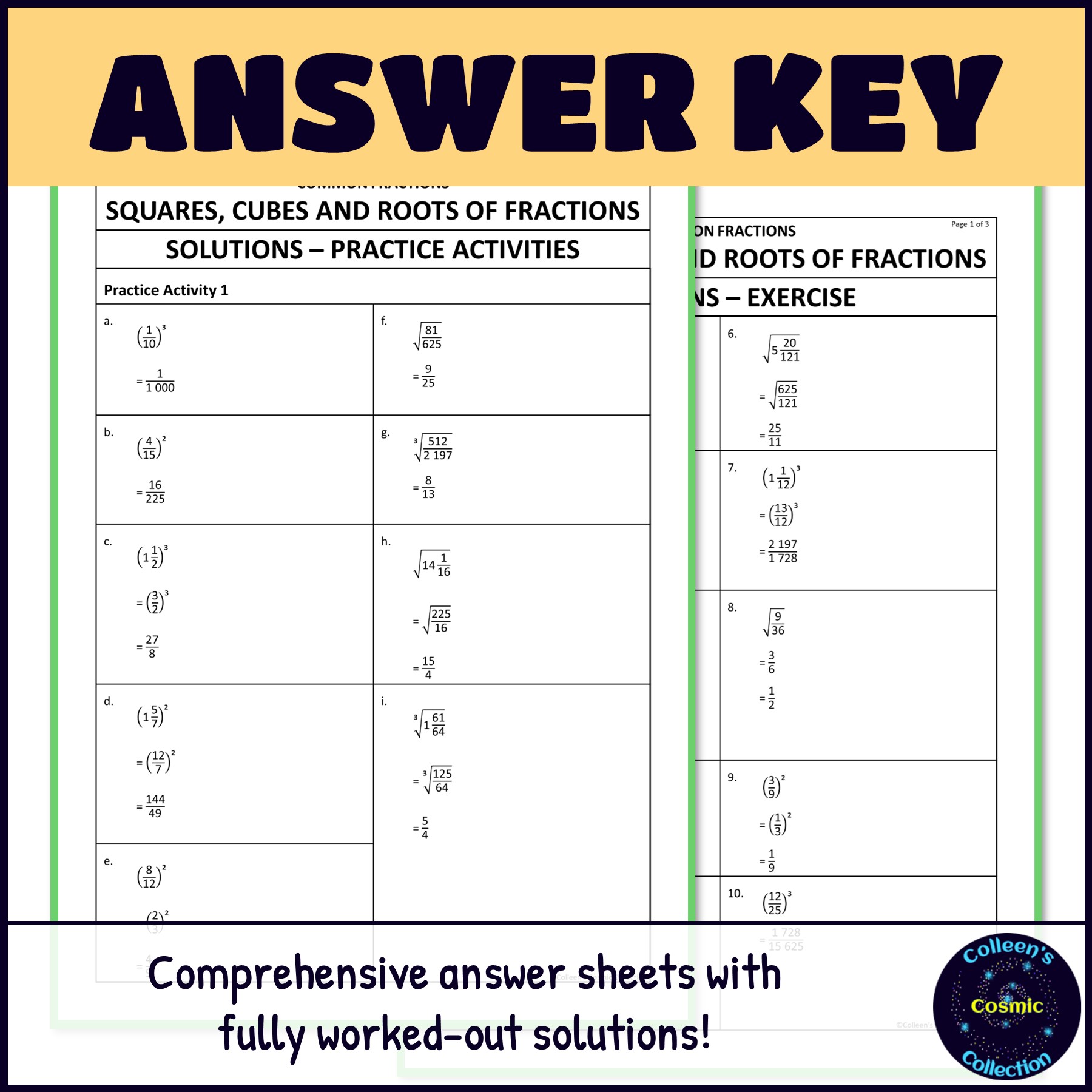 Squares, Cubes and Roots of Common Fractions answer keys
