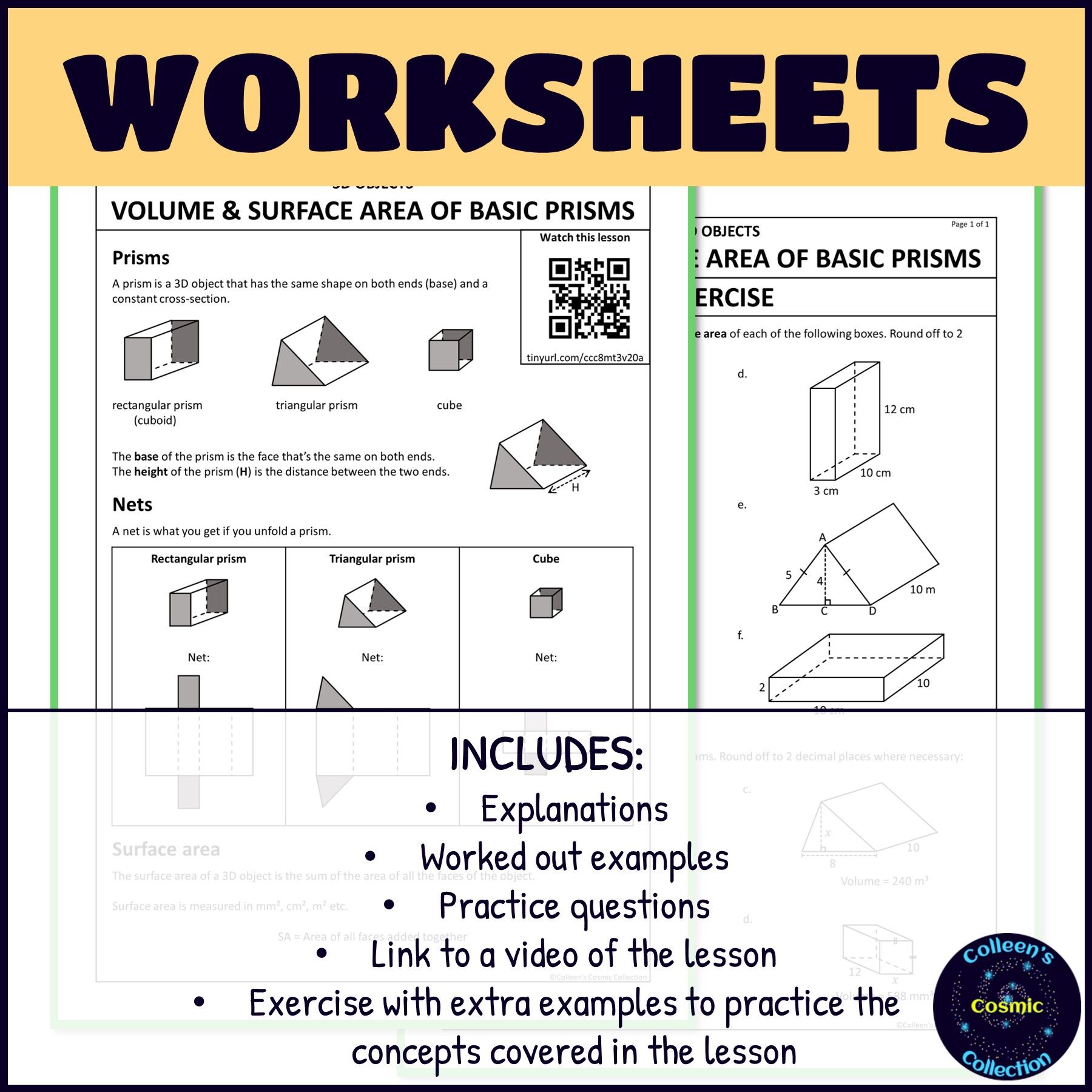 Volume and Surface Area of Basic Prisms worksheets