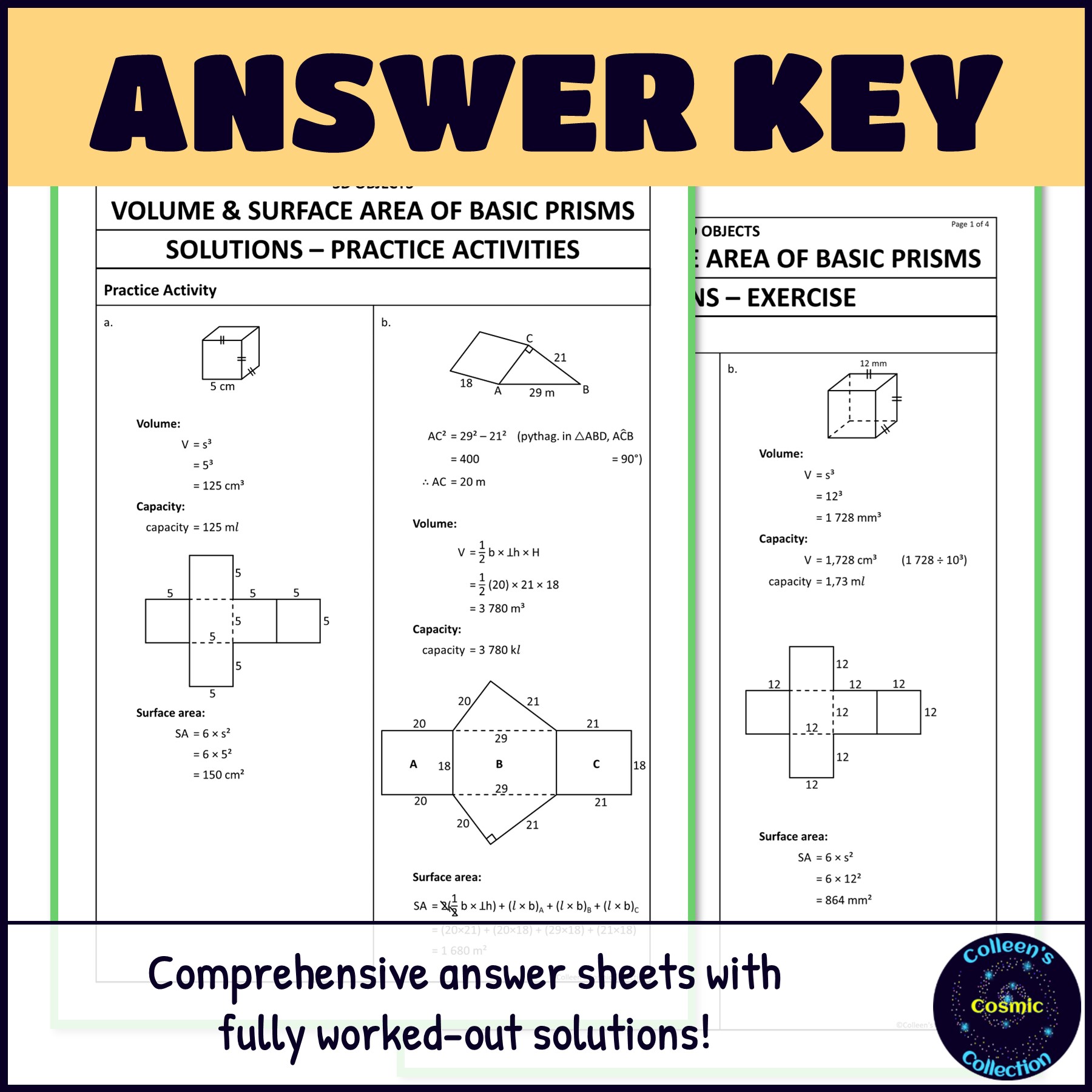 Volume and Surface Area of Basic Prisms answer keys
