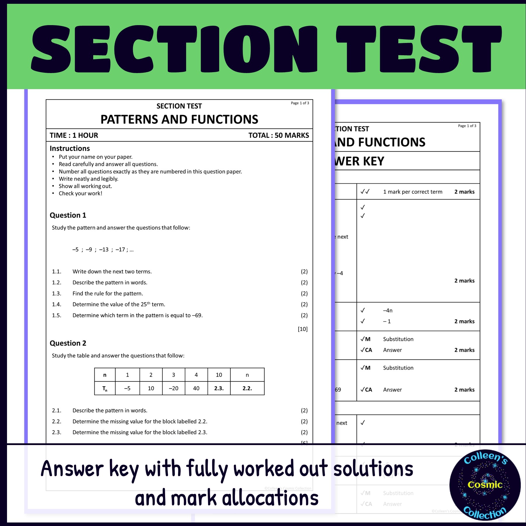 Grade 9 Maths Term 1 Patterns and Functions section test