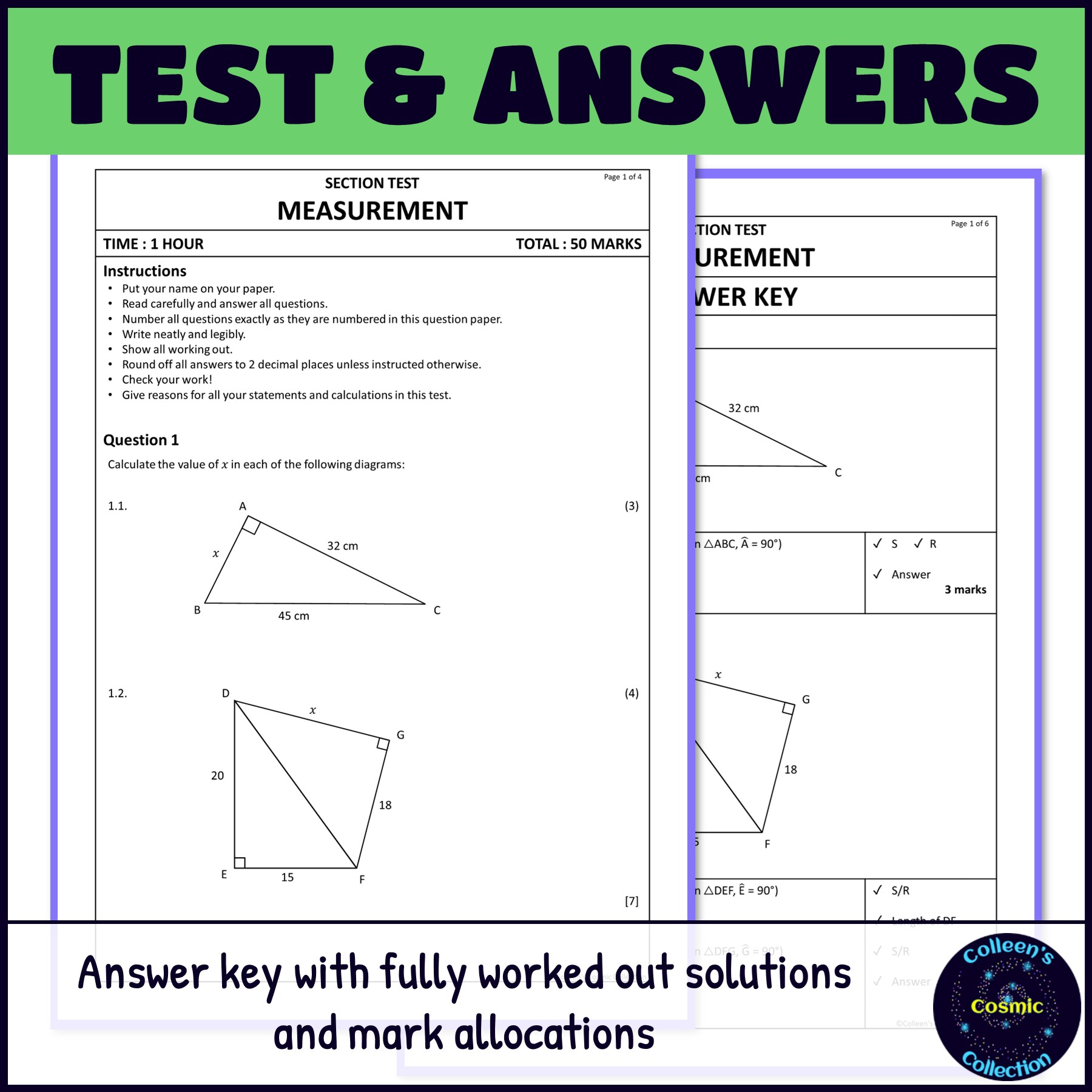 Measurement Test question paper and answer key