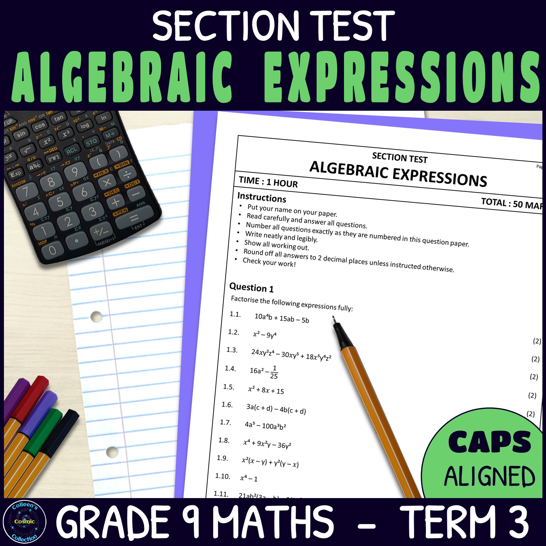 Grade 9 Factorisation Test | Algebraic Expressions | CAPS Aligned | 1-Hour Assessment with Memo