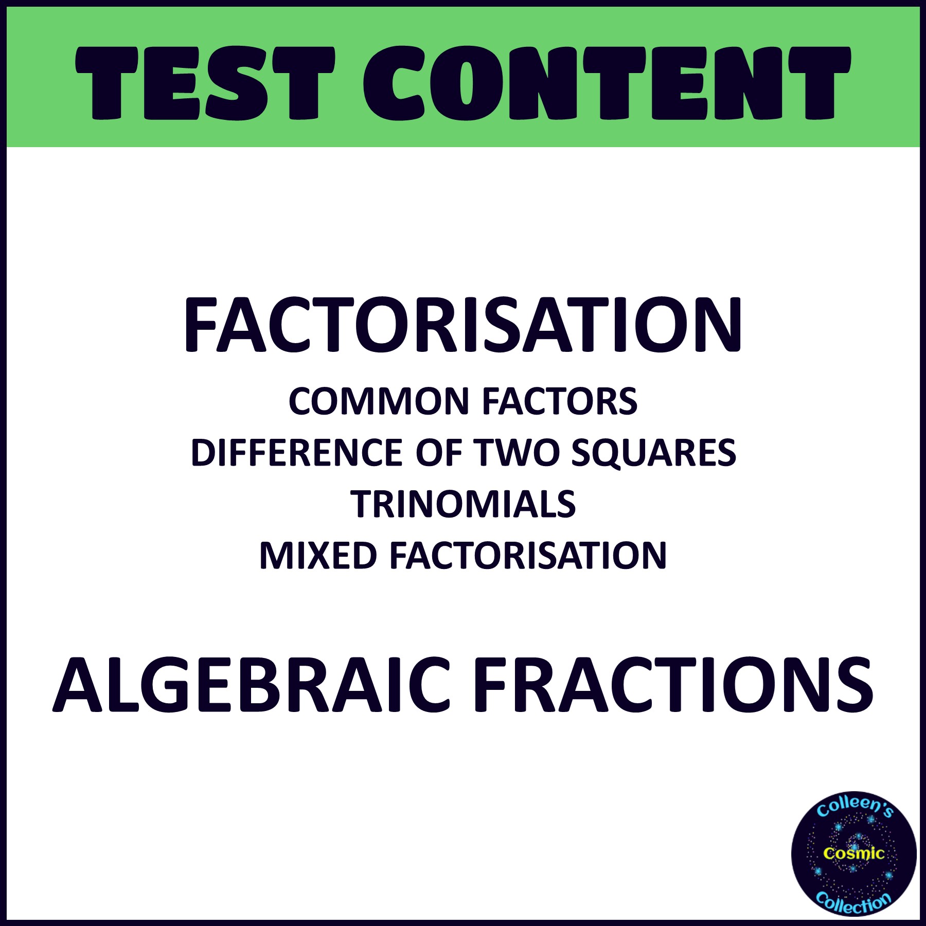 Grade 9 Algebraic Expressions and Factorisation Test content