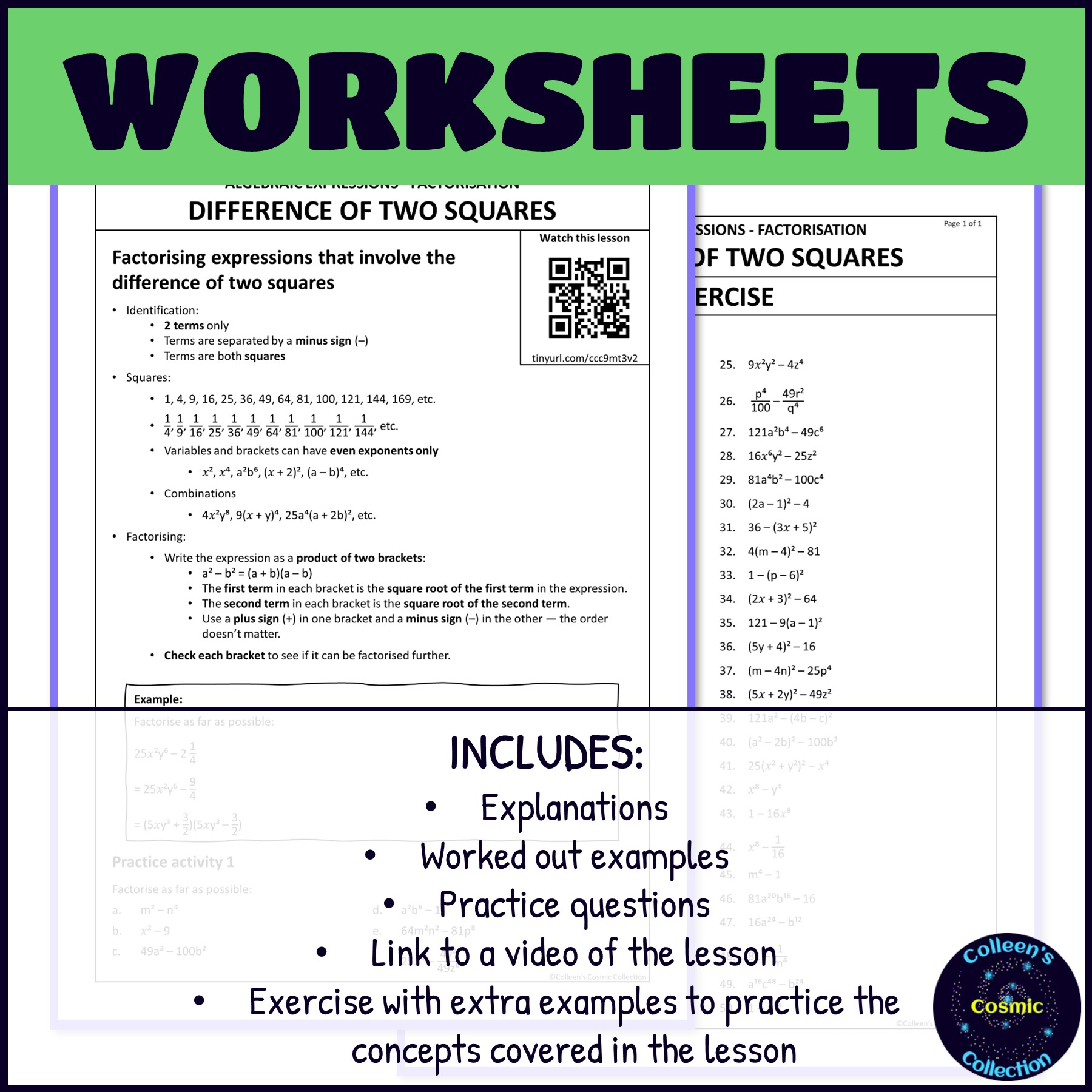 factorising with difference of two squares worksheets