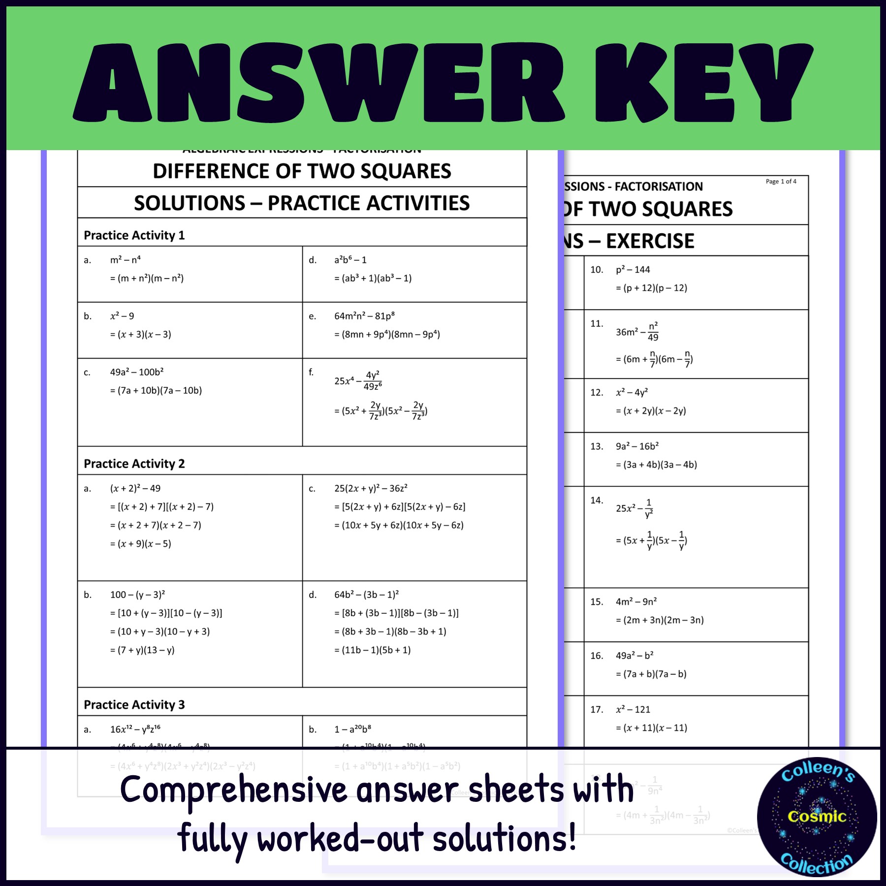 factorising with difference of two squares answer key