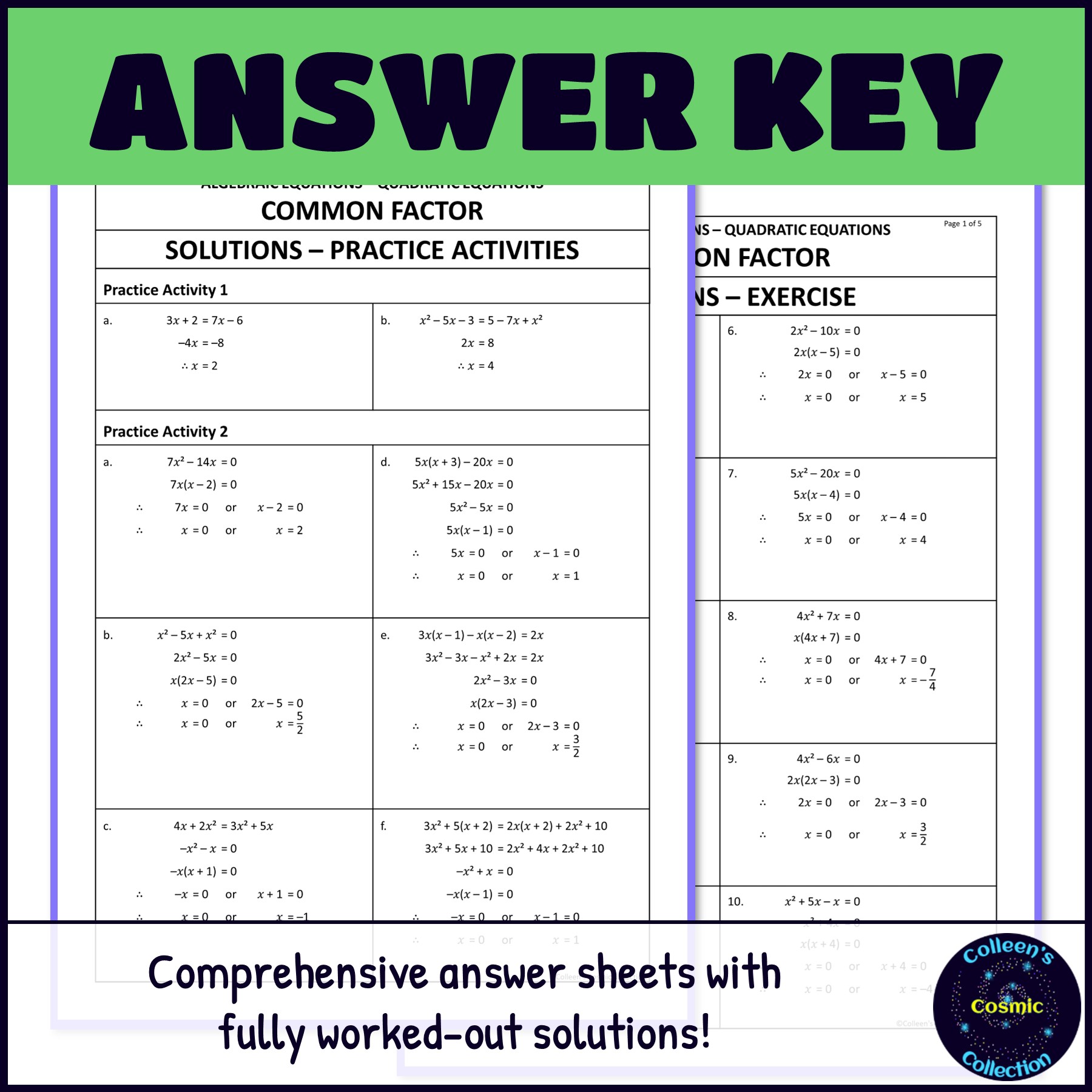 Quadratic Equations with Common Factors answer key