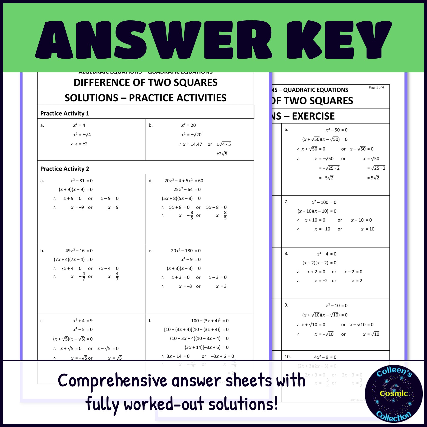 Quadratic Equations with Difference of Two Squares answer key
