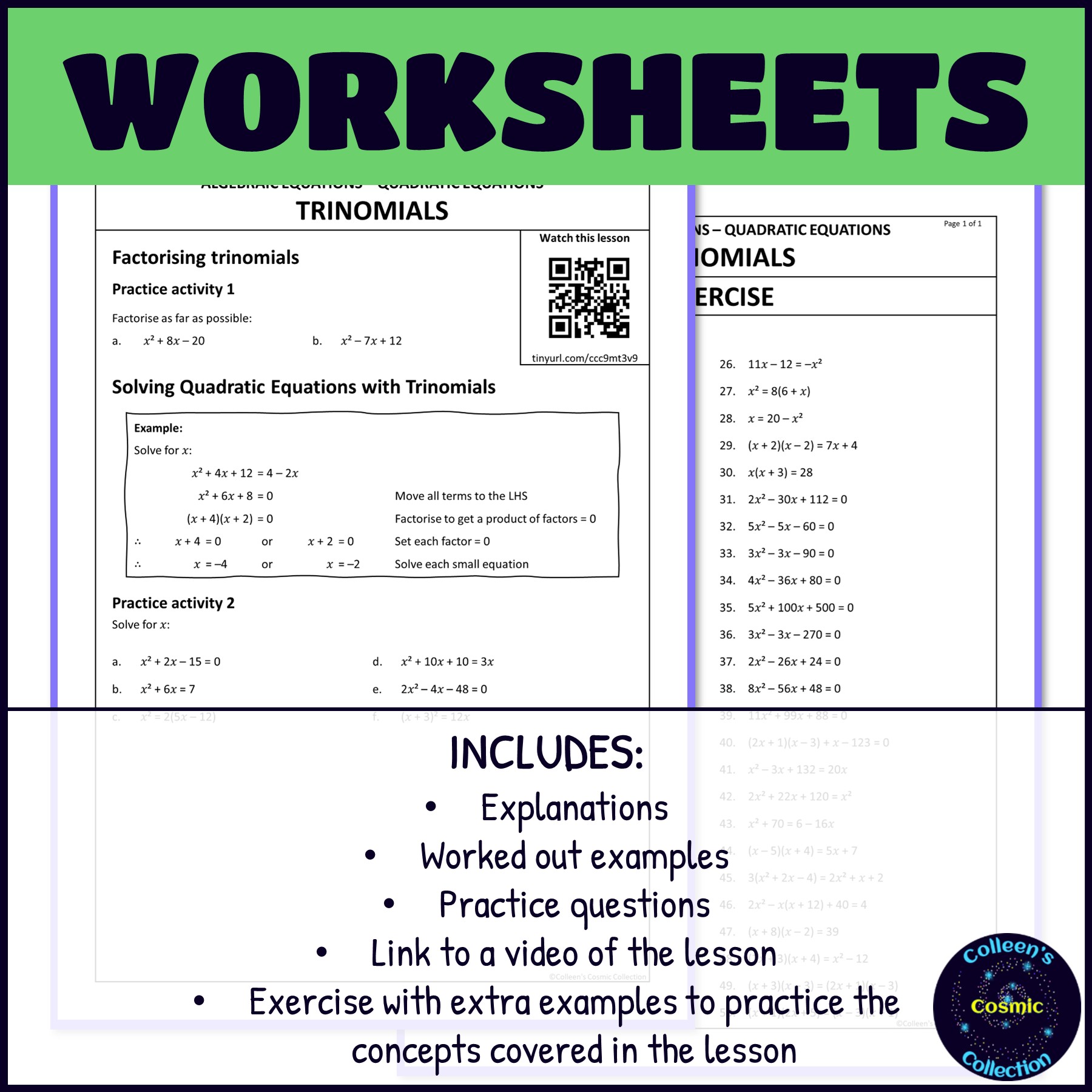 Quadratic Equations with Trinomials worksheets