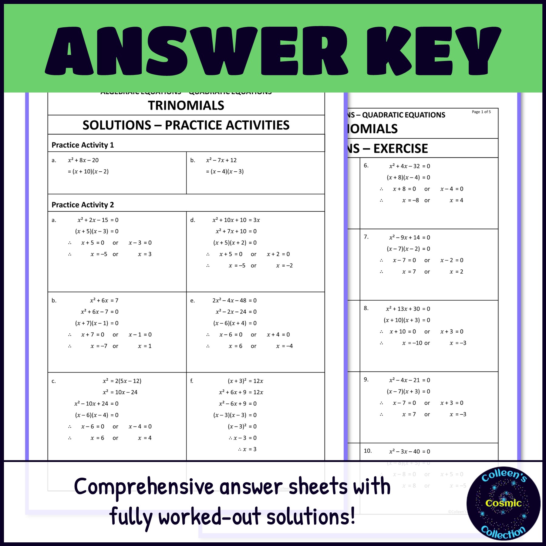 Quadratic Equations with Trinomials answer key