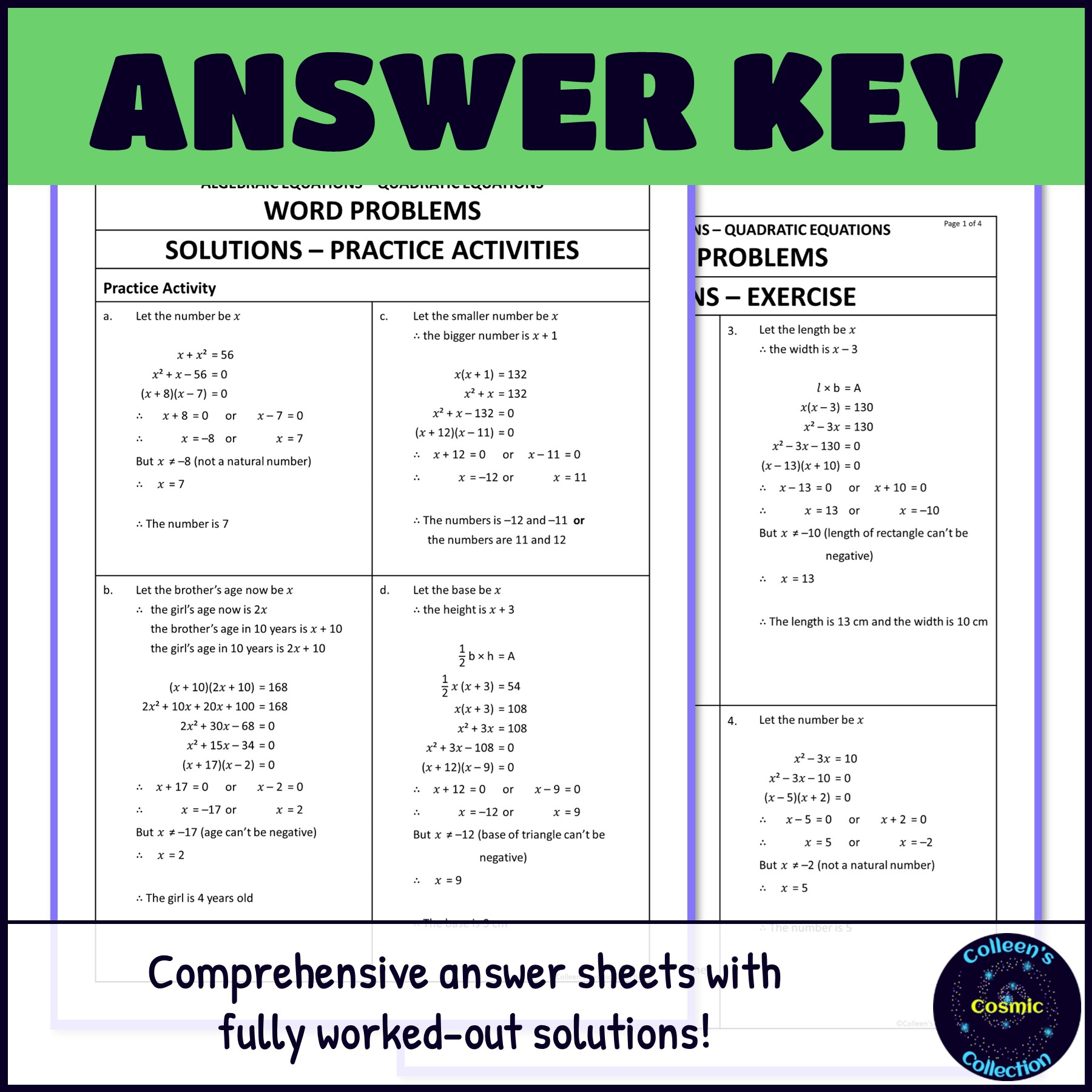 Word Problems with Quadratic Equations answer key