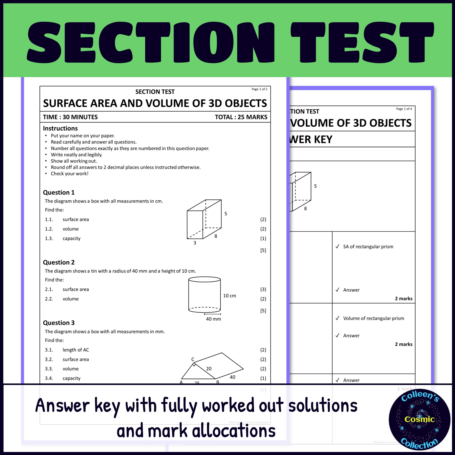 Surface Area and Volume Worksheets & Test Bundle section test