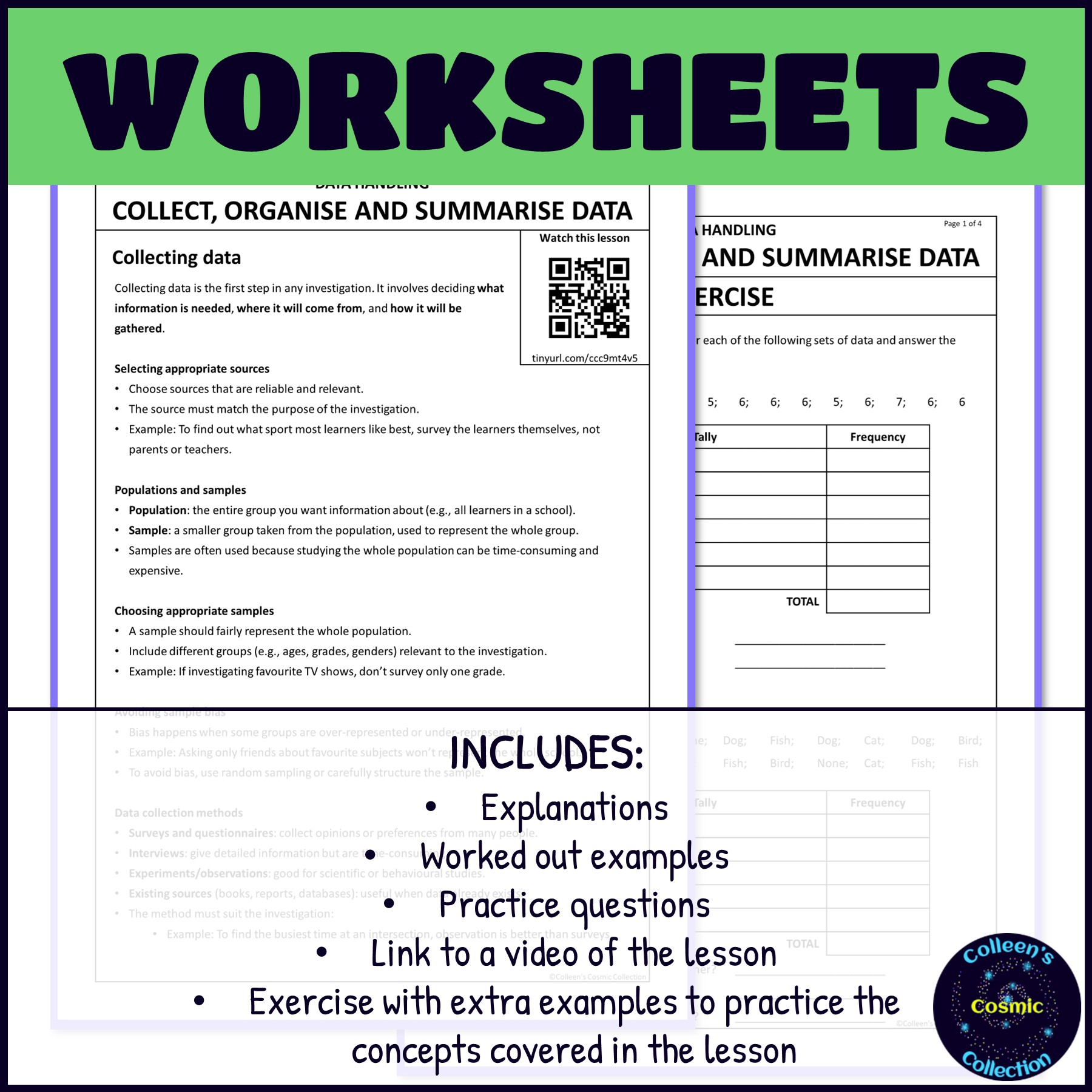 Collecting, Organising and Summarising Data worksheets
